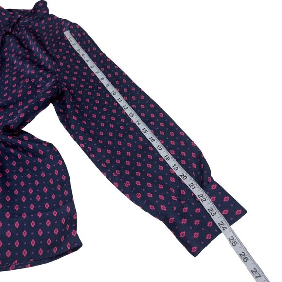 Appleseeds Womens Satin Navy & Pink Patterned Button-Down Blouse SZ 16 High Neck - Picture 10 of 13